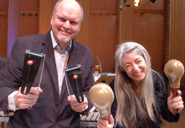 Michael Daugherty and Dame Evelyn Glennie at dress rehearsal of Daugherty's Dreamachine for solo percussion and orchestra on May 11, 2014.  
WDR Rundunk Orchestra, Cologne, Germany.